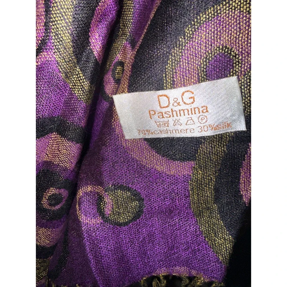 D&G Pashmina Cashmere Silk Scarf Purple Gold Circle Print Fringe Wrap Shawl